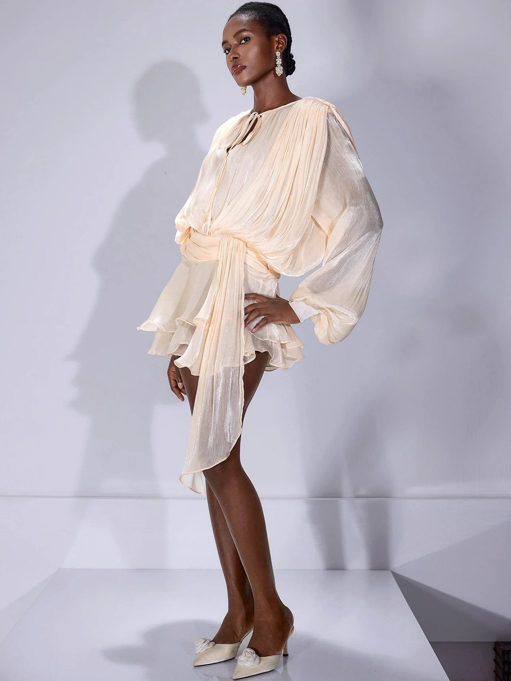 Blush Cream Pleated Long-Sleeve Mini Dress - Picture 2 of 6